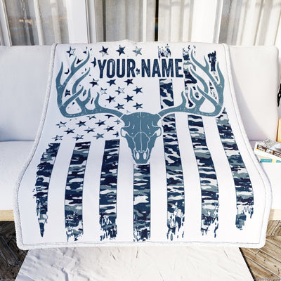 Personalized Hunting Blanket American Flag Camo Deer For Dad Son Grandpa Papa Uncle Husband Hunter For Men Birthday Customized Christmas Fleece Blanket Blanket | Teecentury.com