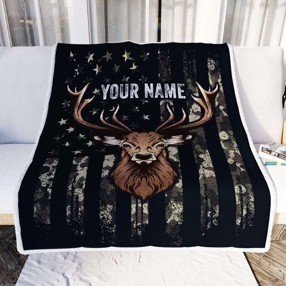 Personalized Hunting Blanket Flag Camo Deer For Husband Son Dad Grandpa Papa Uncle Hunter For Men Birthday Customized Christmas Fleece Blanket Blanket | Teecentury.com