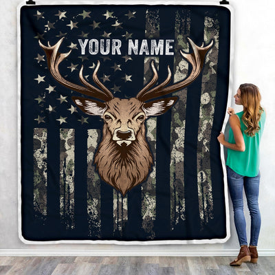Personalized Hunting Blanket Flag Camo Deer For Husband Son Dad Grandpa Papa Uncle Hunter For Men Birthday Customized Christmas Fleece Blanket Blanket | Teecentury.com