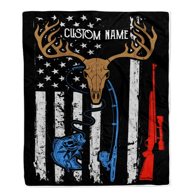 Personalized Hunting Fishing Blanket American Flag Deer Camo Rod For Husband Son Dad Grandpa Papa Uncle For Men Birthday Customized Christmas Fleece Blanket Blanket | Teecentury.com