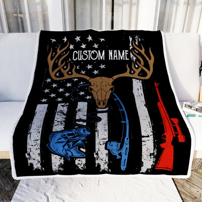 Personalized Hunting Fishing Blanket American Flag Deer Camo Rod For Husband Son Dad Grandpa Papa Uncle For Men Birthday Customized Christmas Fleece Blanket Blanket | Teecentury.com