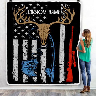Personalized Hunting Fishing Blanket American Flag Deer Camo Rod For Husband Son Dad Grandpa Papa Uncle For Men Birthday Customized Christmas Fleece Blanket Blanket | Teecentury.com