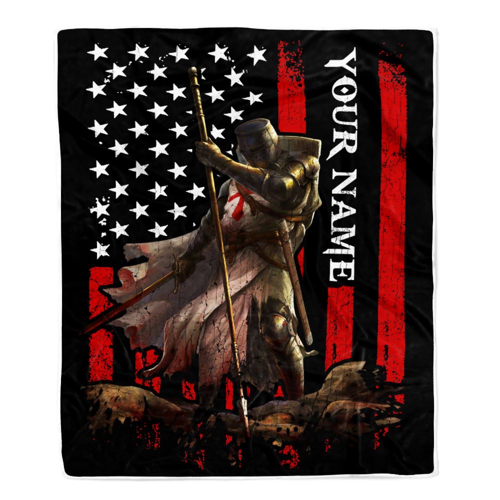 Personalized Knight Templar Blanket Custom Name Crusader Warrior American Flag For Men Husband Dad Son Birthday Christmas Customized Bed Fleece Throw Blanket | teecentury