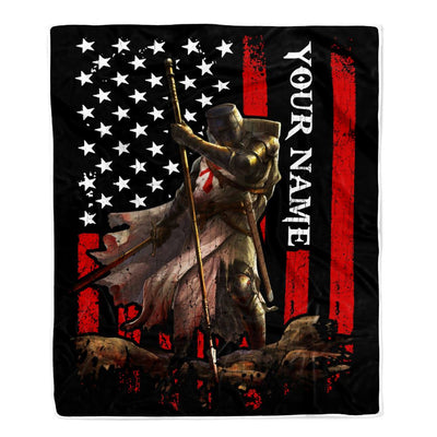 Personalized Knight Templar Blanket Custom Name Crusader Warrior American Flag For Men Husband Dad Son Birthday Christmas Customized Bed Fleece Throw Blanket | teecentury