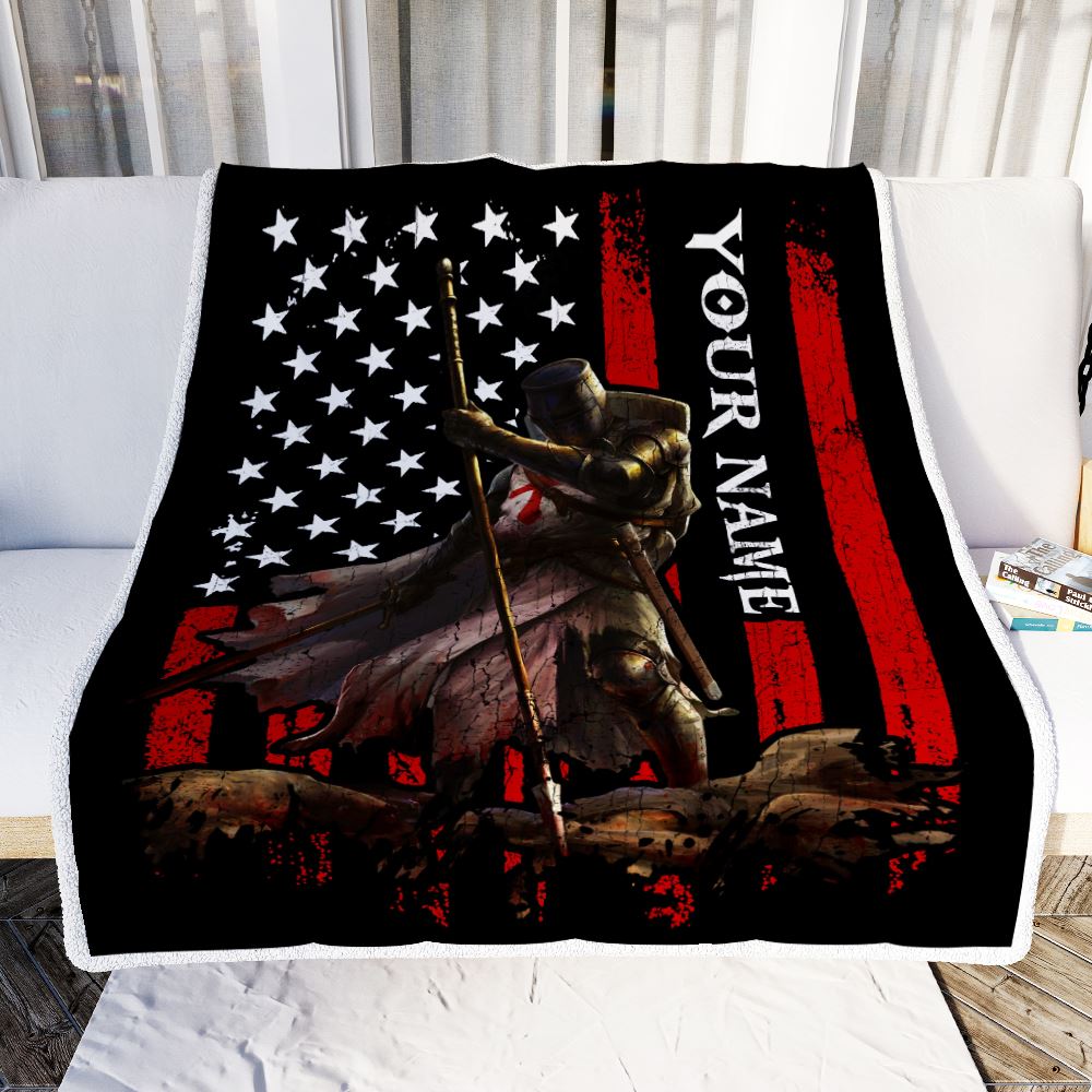 Personalized Knight Templar Blanket Custom Name Crusader Warrior American Flag For Men Husband Dad Son Birthday Christmas Customized Bed Fleece Throw Blanket | teecentury