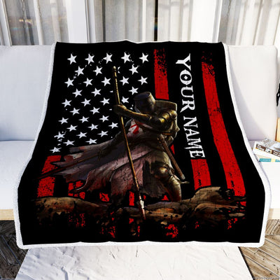Personalized Knight Templar Blanket Custom Name Crusader Warrior American Flag For Men Husband Dad Son Birthday Christmas Customized Bed Fleece Throw Blanket | teecentury