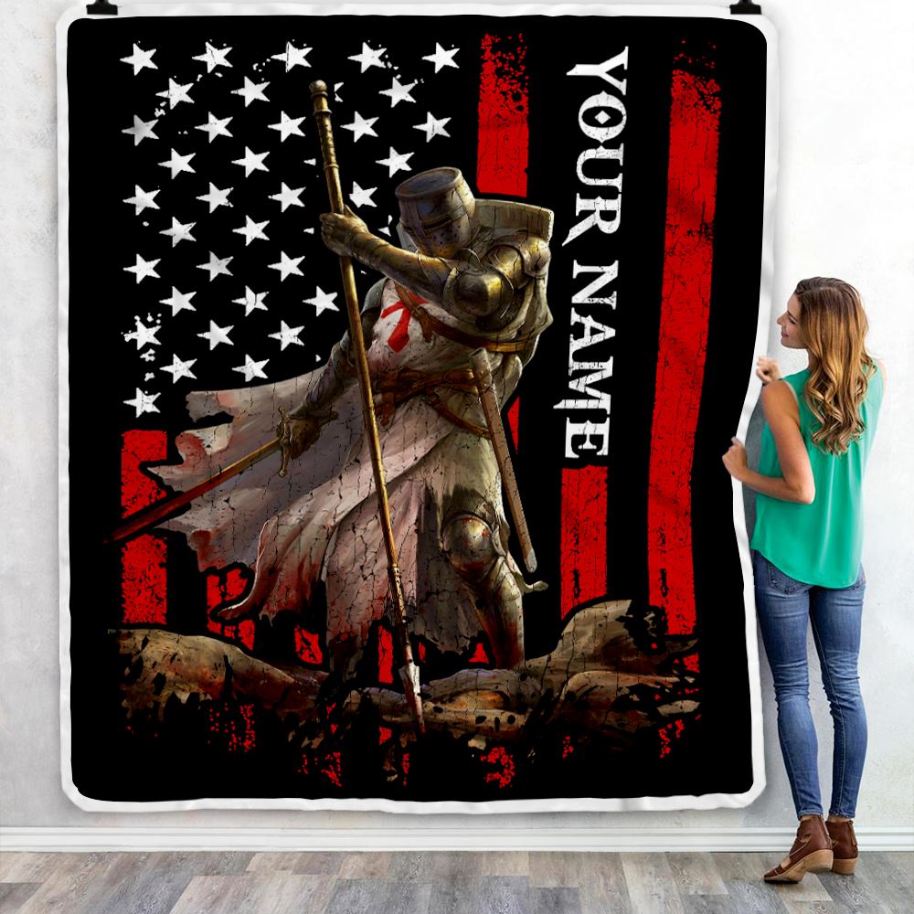 Personalized Knight Templar Blanket Custom Name Crusader Warrior American Flag For Men Husband Dad Son Birthday Christmas Customized Bed Fleece Throw Blanket | teecentury
