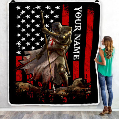 Personalized Knight Templar Blanket Custom Name Crusader Warrior American Flag For Men Husband Dad Son Birthday Christmas Customized Bed Fleece Throw Blanket | teecentury