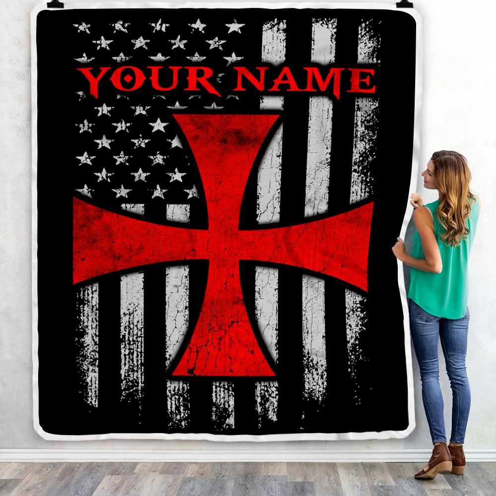 Personalized Knights Templar Blanket Custom Name American Flag of The Knights Templar For Men Dad Son Birthday Christmas Customized Bed Fleece Throw Blanket | teecentury