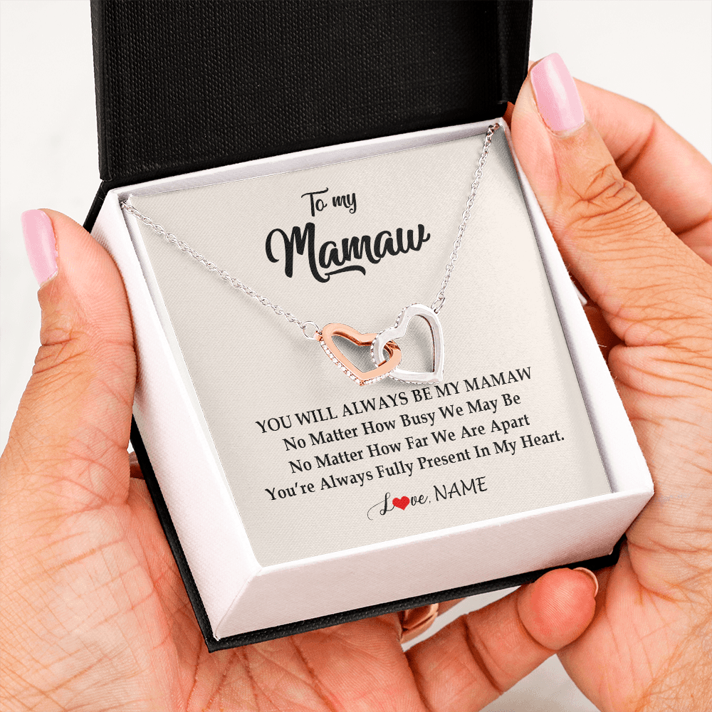 Interlocking Hearts Necklace | Personalized Mamaw Necklace From Grandkids Granddaughter Grandson You're Always In My Heart Mamaw Birthday Mothers Day Jewelry Customized Gift Box Message Card | teecentury