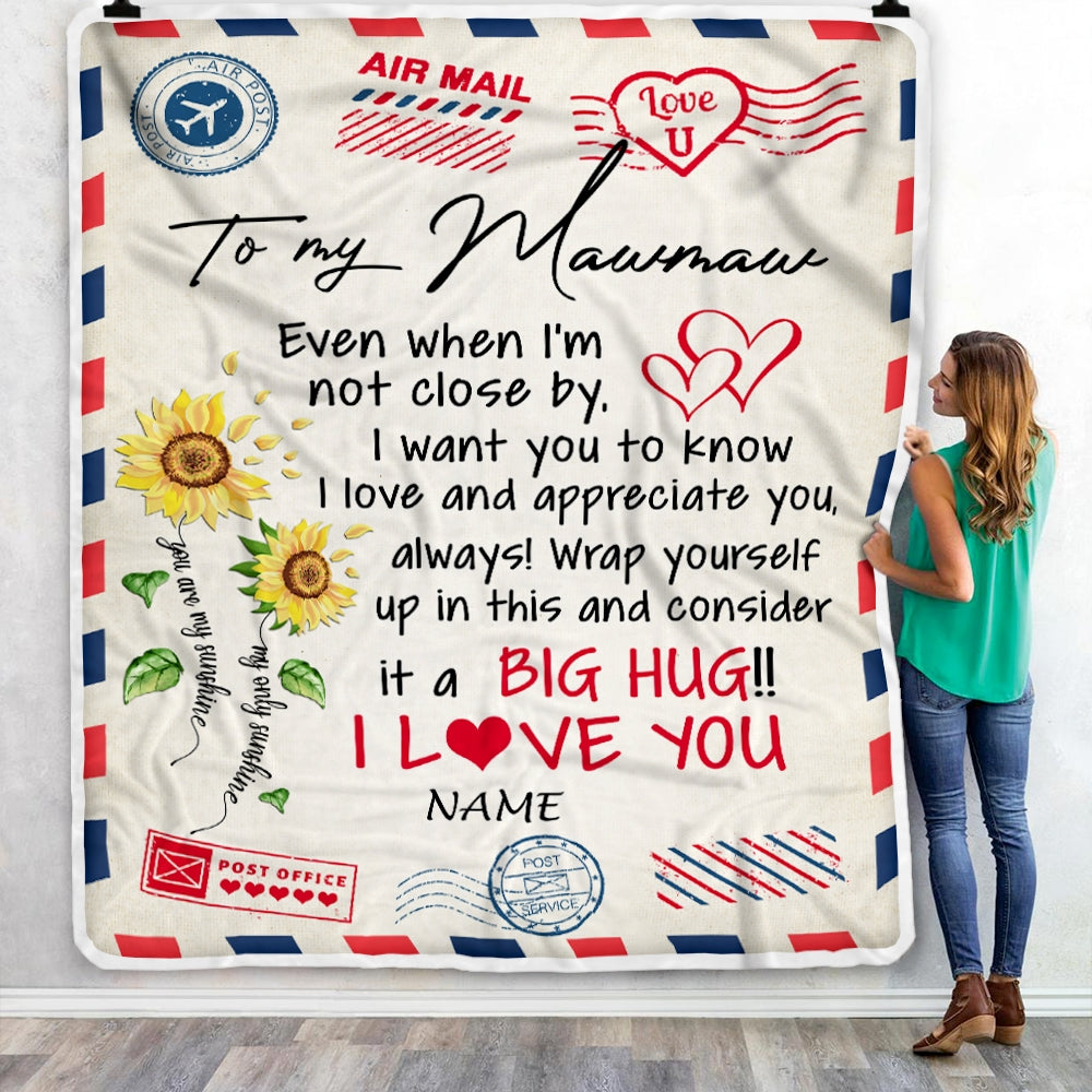 Personalized Mawmaw Blanket From Grandkids Love Big Hug Air Mail Letter Sunflower Mawmaw Birthday Mothers Day Christmas Customized Fleece Throw Blanket Blanket | Teecentury.com