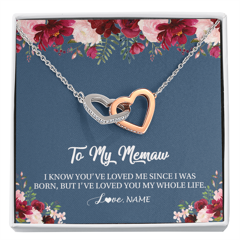 Interlocking Hearts Necklace | Personalized Memaw Necklace From Grandkids Granddaughter Grandson I've Loved You My Whole Life Floral Memaw Birthday Mothers Day Christmas Customized Message Card | teecentury