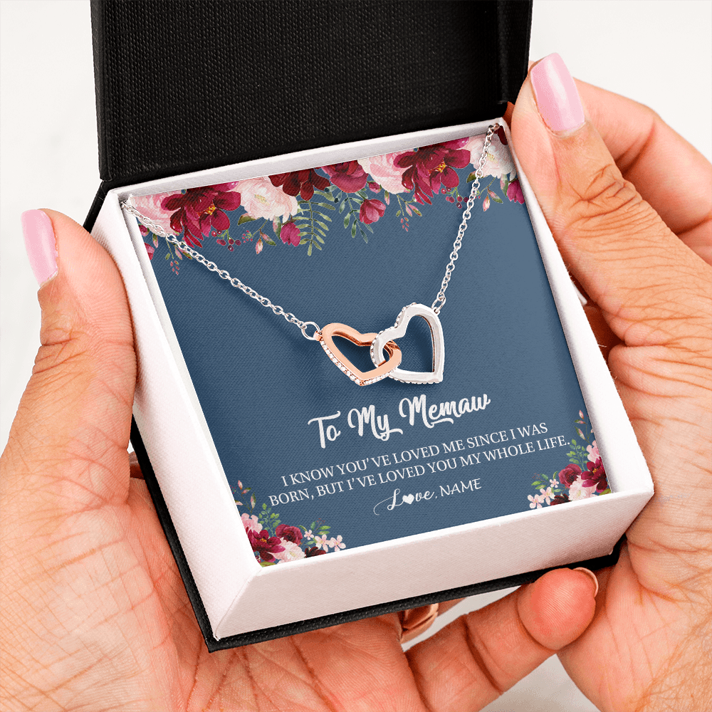 Interlocking Hearts Necklace | Personalized Memaw Necklace From Grandkids Granddaughter Grandson I've Loved You My Whole Life Floral Memaw Birthday Mothers Day Christmas Customized Message Card | teecentury