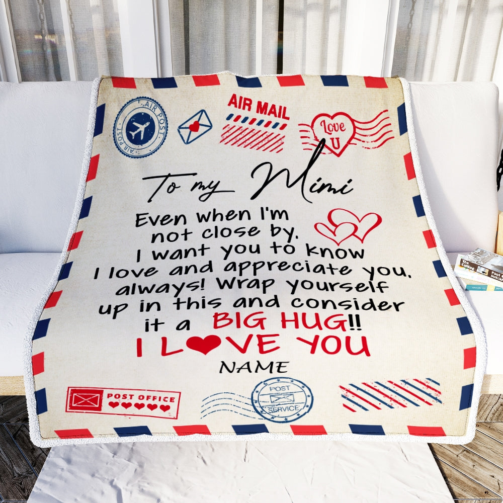 Personalized Mimi Blanket From Grandkids I Love You Hugs Air Mail Letter Mimi Birthday Mothers Day Christmas Customized Fleece Blanket Blanket | Teecentury.com