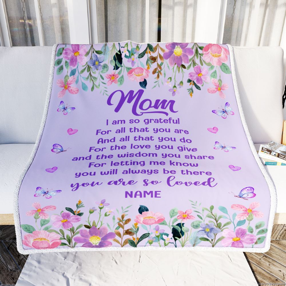 Personalized Mom Blanket From Daughter Son Floral Butterfly Love You Give Mom Mothers Day Birthday Christmas Customized Bed Fleece Throw Blanket | teecentury