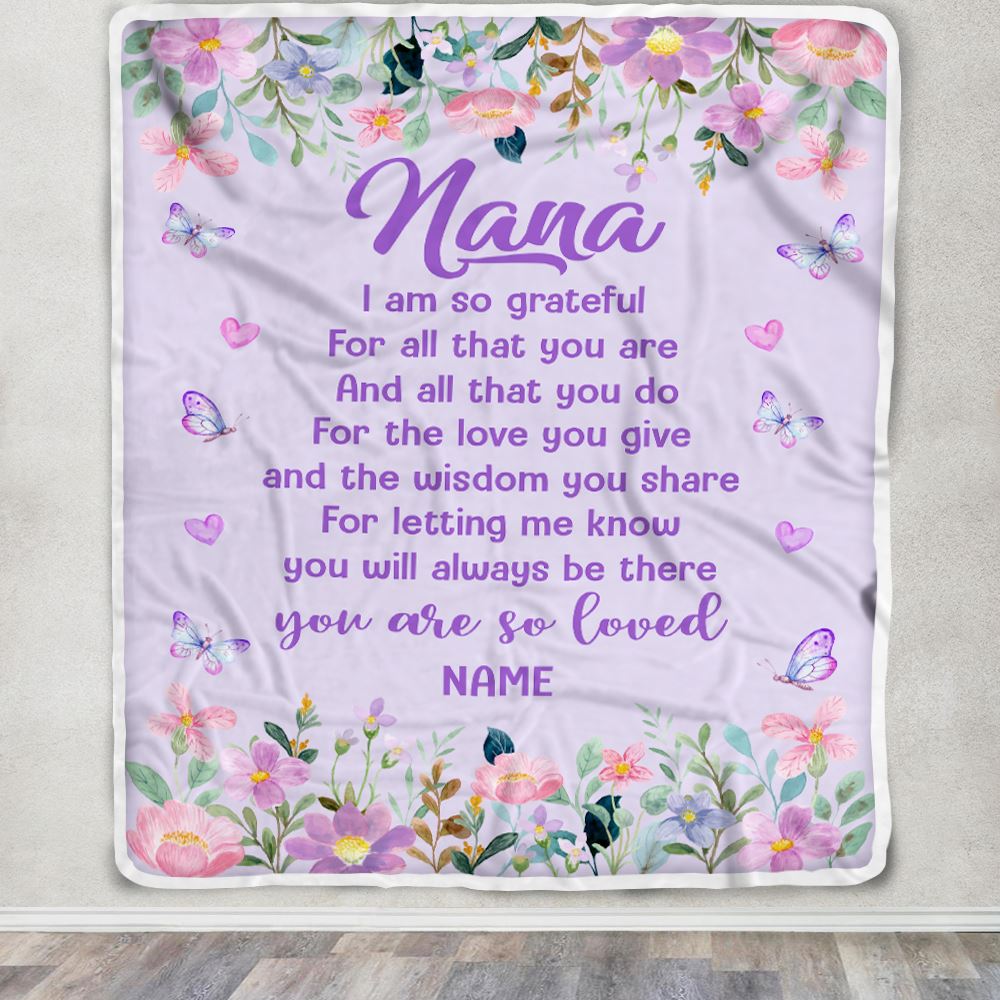 Personalized Nana Blanket From Granddaughter Grandson Floral Butterfly Love You Give Nana Mothers Day Birthday Christmas Customized Bed Fleece Throw Blanket | teecentury