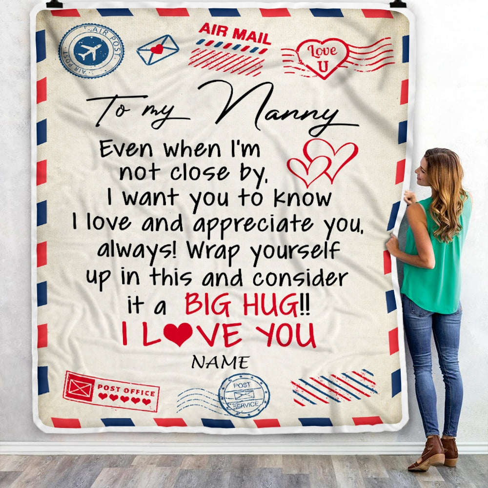 Personalized Nanny Blanket From Kids I Love You Hugs Air Mail Letter Nanny Birthday Mothers Day Christmas Customized Fleece Blanket Blanket | Teecentury.com