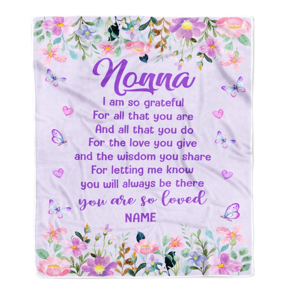 Personalized Nonna Blanket From Granddaughter Grandson Floral Butterfly Love You Give Nonna Mothers Day Birthday Christmas Customized Bed Fleece Throw Blanket | teecentury