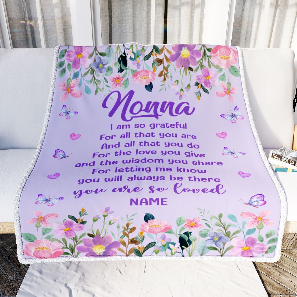 Personalized Nonna Blanket From Granddaughter Grandson Floral Butterfly Love You Give Nonna Mothers Day Birthday Christmas Customized Bed Fleece Throw Blanket | teecentury