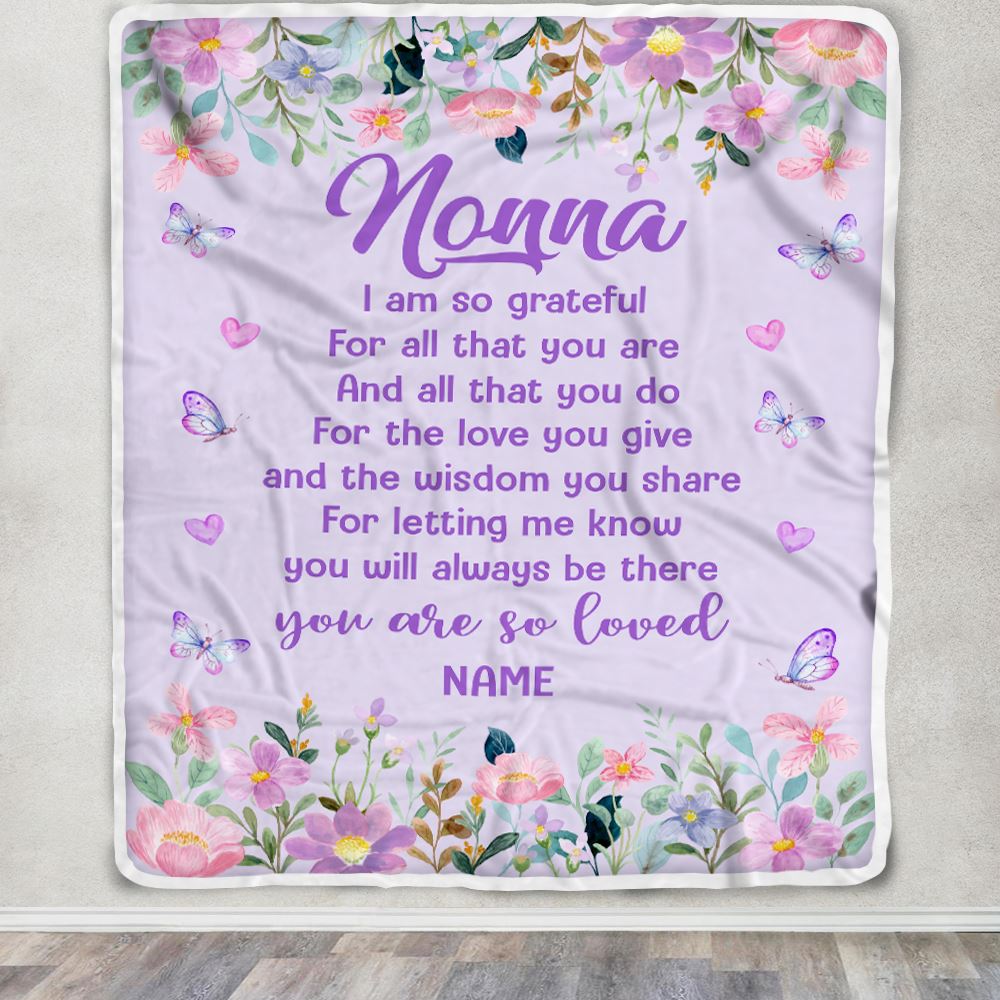 Personalized Nonna Blanket From Granddaughter Grandson Floral Butterfly Love You Give Nonna Mothers Day Birthday Christmas Customized Bed Fleece Throw Blanket | teecentury