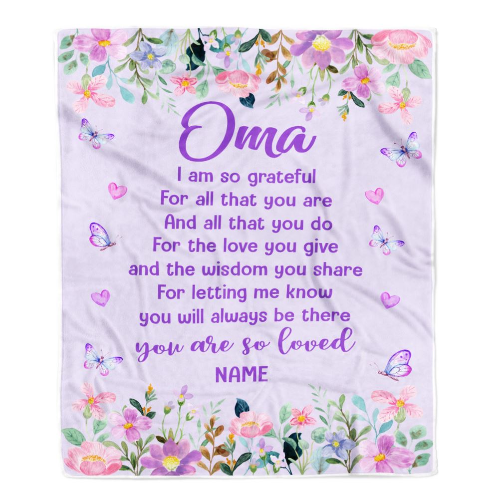 Personalized Oma Blanket From Granddaughter Grandson Floral Butterfly Love You Give Oma Mothers Day Birthday Christmas Customized Bed Fleece Throw Blanket | teecentury
