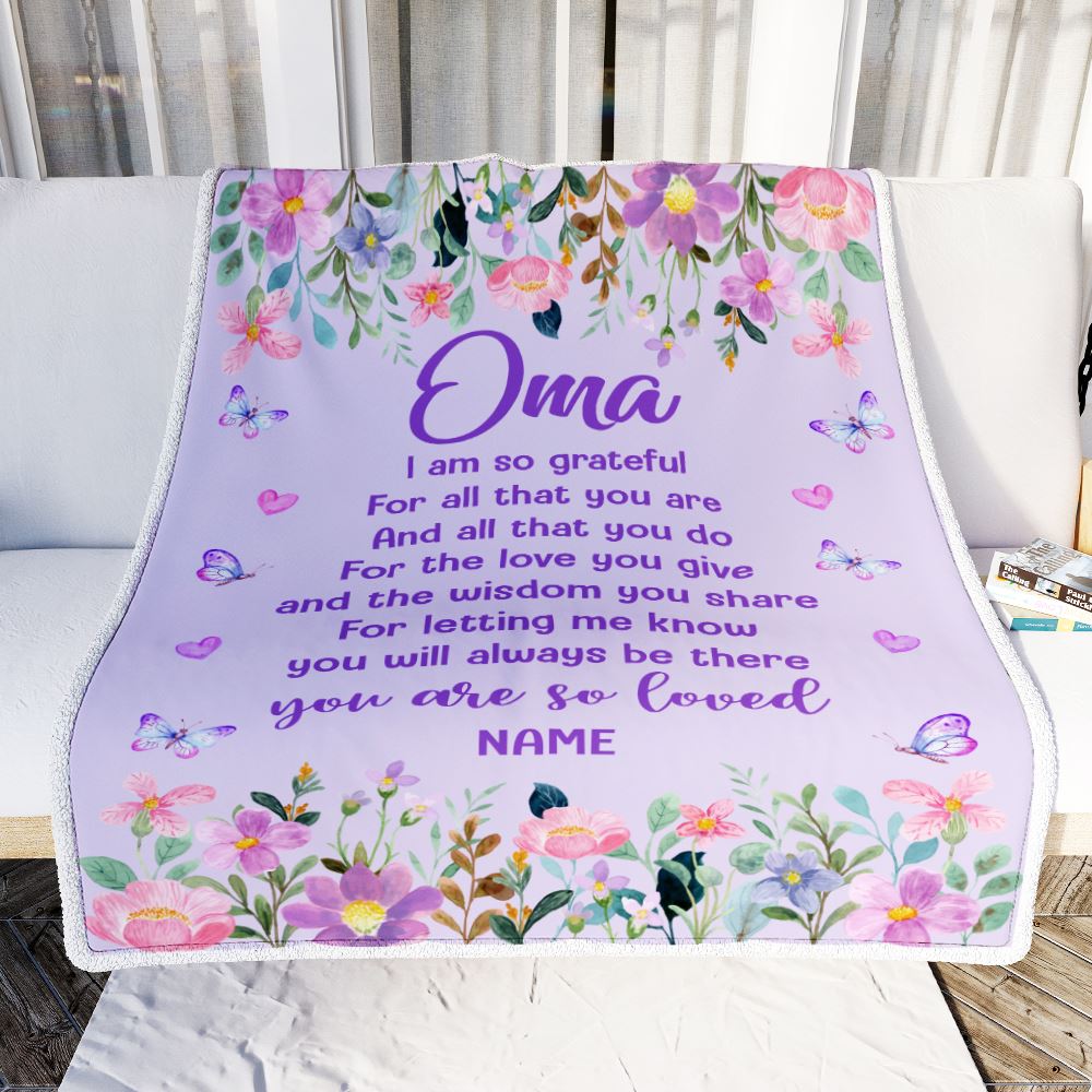 Personalized Oma Blanket From Granddaughter Grandson Floral Butterfly Love You Give Oma Mothers Day Birthday Christmas Customized Bed Fleece Throw Blanket | teecentury