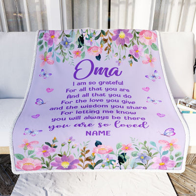 Personalized Oma Blanket From Granddaughter Grandson Floral Butterfly Love You Give Oma Mothers Day Birthday Christmas Customized Bed Fleece Throw Blanket | teecentury