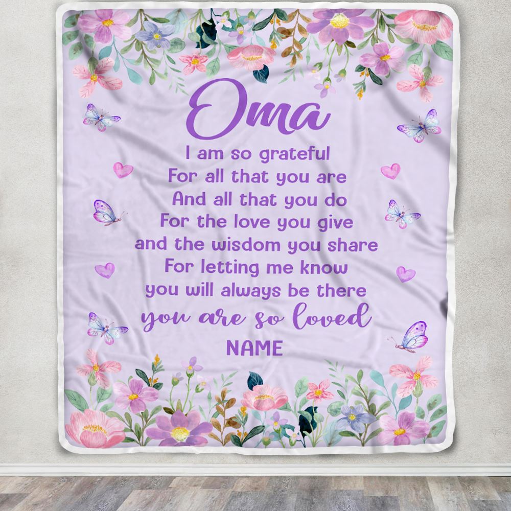 Personalized Oma Blanket From Granddaughter Grandson Floral Butterfly Love You Give Oma Mothers Day Birthday Christmas Customized Bed Fleece Throw Blanket | teecentury