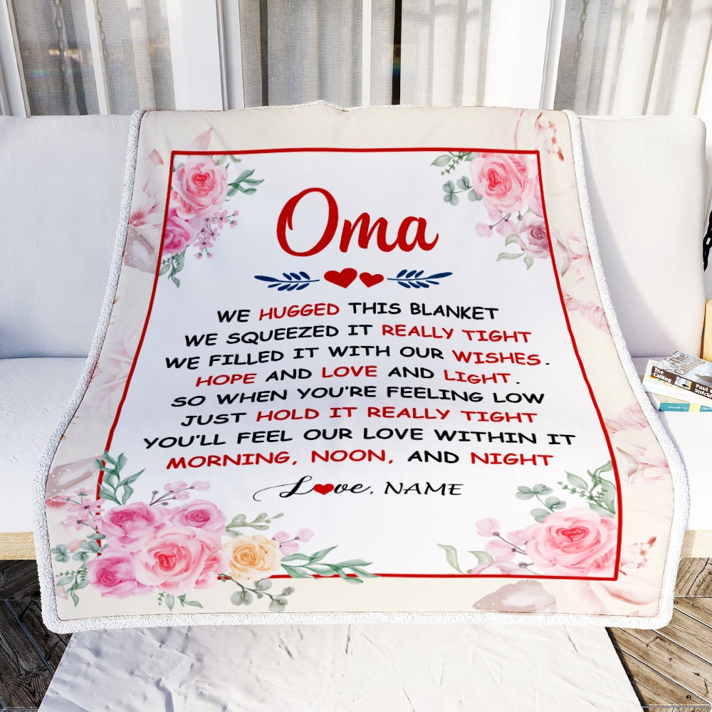 Personalized Oma Blanket From Grandkids Granddaughter Grandson We Hugged This Blanket Floral Oma Birthday Mothers Day Christmas Customized Fleece Throw Blanket | teecentury