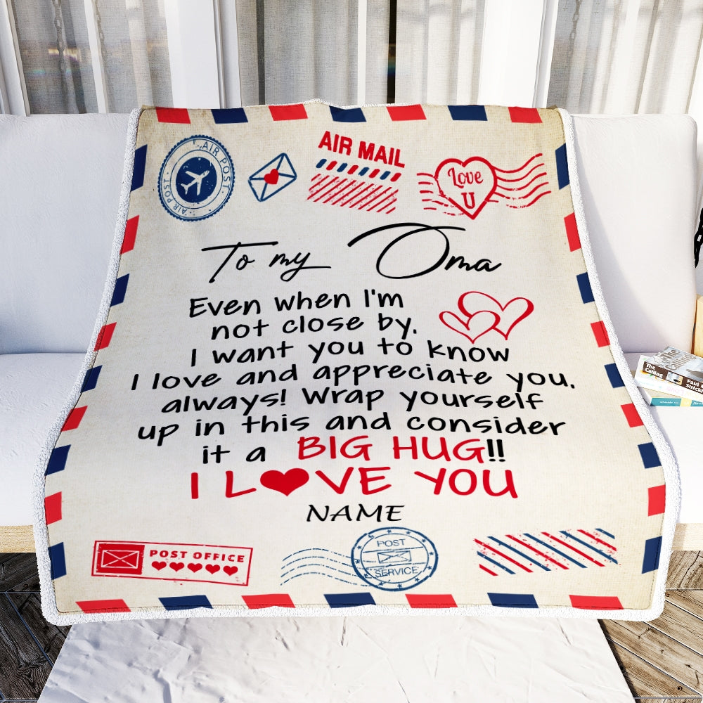Personalized Oma Blanket From Grandkids I Love You Hugs Air Mail Letter Oma Birthday Mothers Day Christmas Customized Fleece Blanket Blanket | Teecentury.com