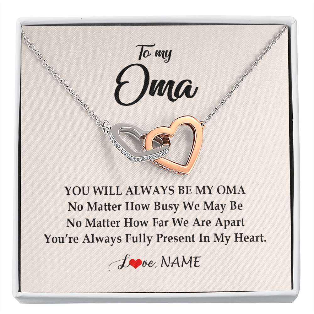 Interlocking Hearts Necklace | Personalized Oma Necklace From Grandkids Granddaughter Grandson You're Always In My Heart Oma Birthday Mothers Day Christmas Customized Gift Box Message Card | teecentury