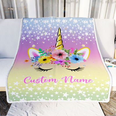 Personalized Rainbow Unicorn Blanket Baby Custom Name Cute Unicorn for Girl Daughter Granddaughter Niece Birthday Christmas Customized Bed Fleece Throw Blanket | teecentury