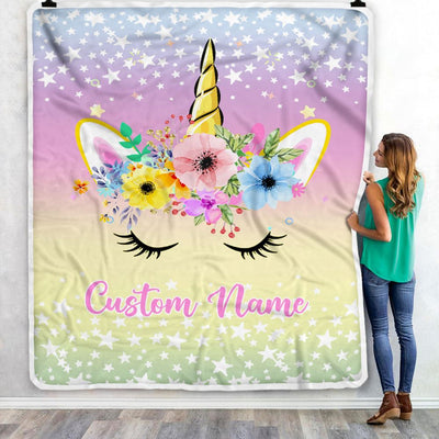 Personalized Rainbow Unicorn Blanket Baby Custom Name Cute Unicorn for Girl Daughter Granddaughter Niece Birthday Christmas Customized Bed Fleece Throw Blanket | teecentury