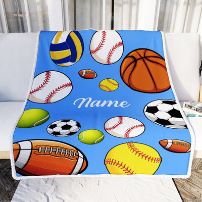 Personalized Sports Ball Baby Blanket with Name Custom Baby Nursery for Boys and Girls Son Grandson Nephew Birthday Customized Fleece Blanket Blanket | Teecentury.com