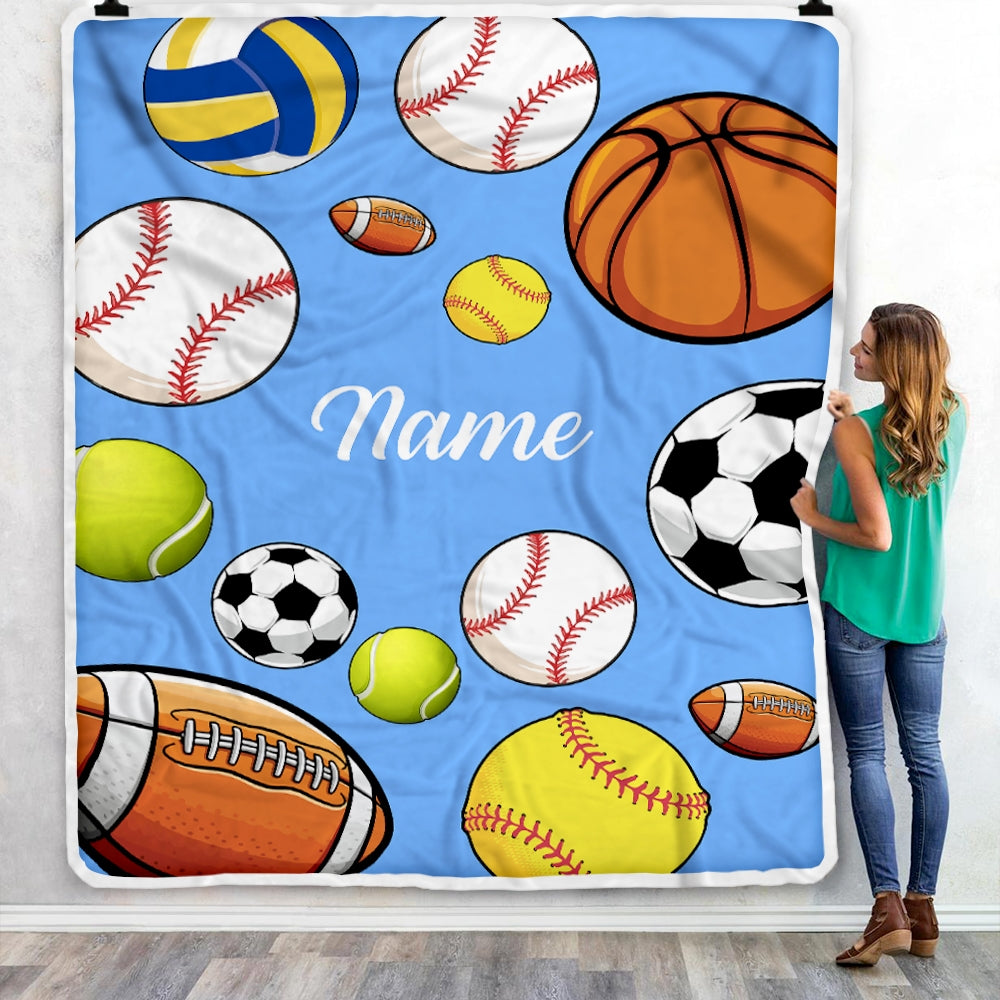 Personalized Sports Ball Baby Blanket with Name Custom Baby Nursery for Boys and Girls Son Grandson Nephew Birthday Customized Fleece Blanket Blanket | Teecentury.com