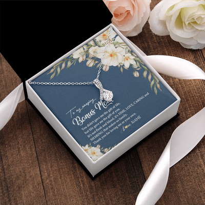Alluring Beauty Necklace | Personalized To My Amazing Bonus Mom Necklace from Daughter Thank You Step Mom Jewelry Birthday Mothers Day Thanksgiving Christmas Customized Message Card | teecentury