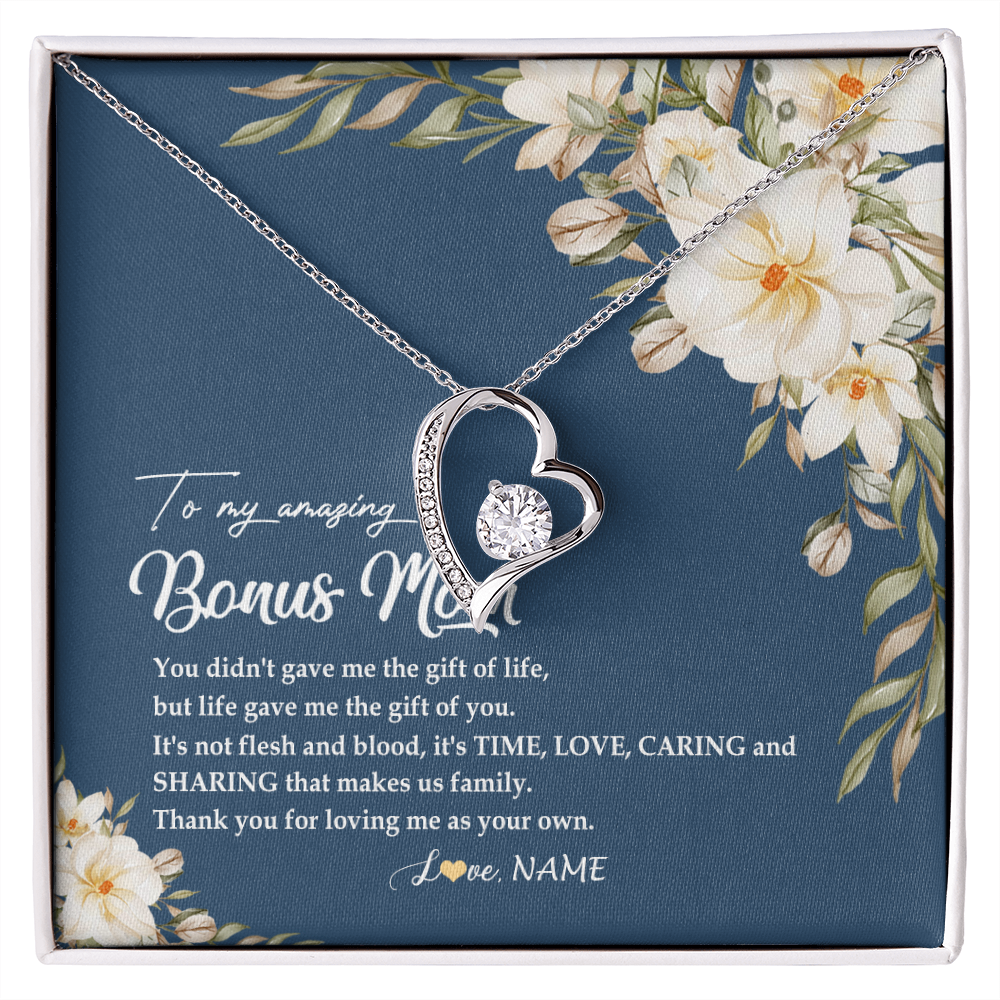 Forever Love Necklace | Personalized To My Amazing Bonus Mom Necklace from Daughter Thank You Step Mom Jewelry Birthday Mothers Day Thanksgiving Christmas Customized Message Card | teecentury
