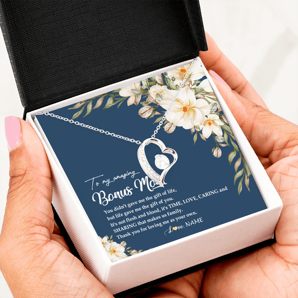 Forever Love Necklace | Personalized To My Amazing Bonus Mom Necklace from Daughter Thank You Step Mom Jewelry Birthday Mothers Day Thanksgiving Christmas Customized Message Card | teecentury