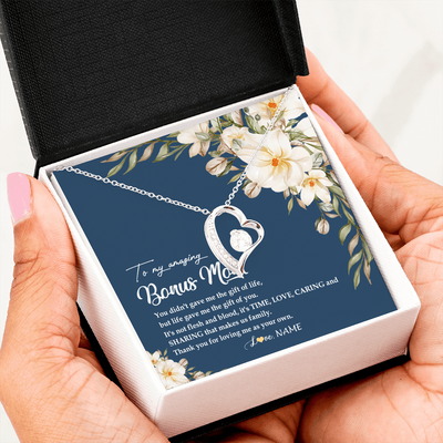 Forever Love Necklace | Personalized To My Amazing Bonus Mom Necklace from Daughter Thank You Step Mom Jewelry Birthday Mothers Day Thanksgiving Christmas Customized Message Card | teecentury