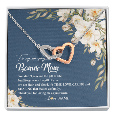 Interlocking Hearts Necklace | Personalized To My Amazing Bonus Mom Necklace from Daughter Thank You Step Mom Jewelry Birthday Mothers Day Thanksgiving Christmas Customized Message Card | teecentury