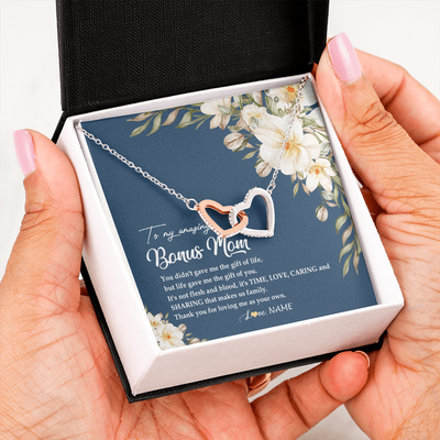Interlocking Hearts Necklace | Personalized To My Amazing Bonus Mom Necklace from Daughter Thank You Step Mom Jewelry Birthday Mothers Day Thanksgiving Christmas Customized Message Card | teecentury