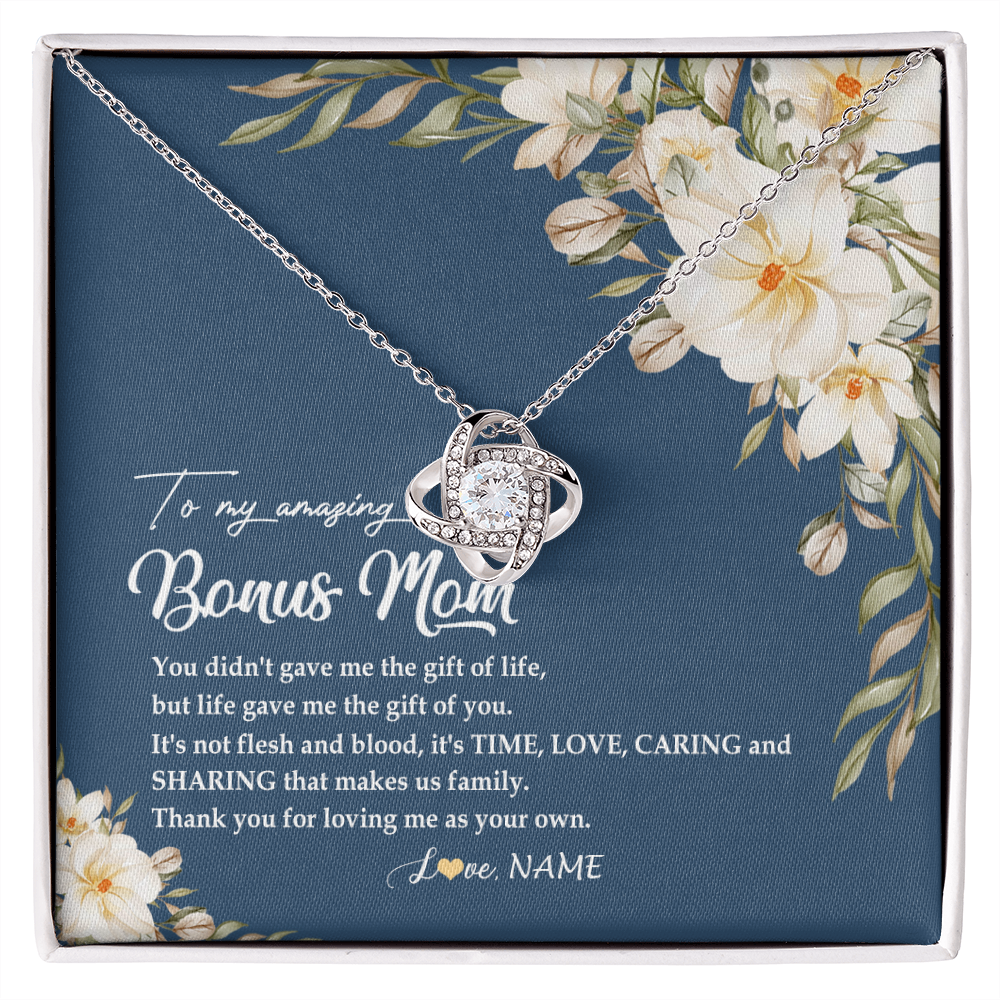 Love Knot Necklace | Personalized To My Amazing Bonus Mom Necklace from Daughter Thank You Step Mom Jewelry Birthday Mothers Day Thanksgiving Christmas Customized Message Card | teecentury