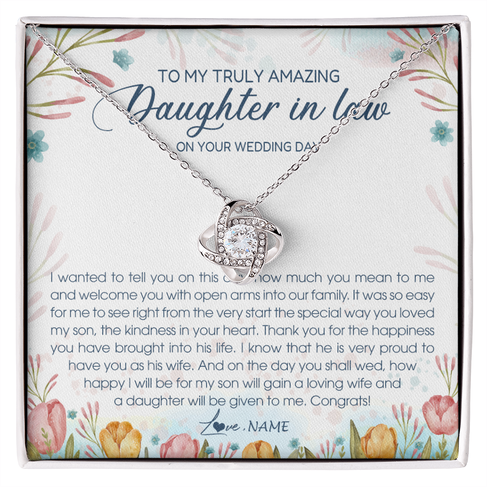 Love Knot Necklace | Personalized To My Amazing Daughter In Law Necklace from Mother In Law Daughter In Law On Your Wedding Day Bride Jewelry Customized Gift Box Message Card | teecentury