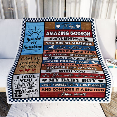 Personalized To My Amazing Godson Blanket From Godmother Godfather Wood It A Big Hug Godson Birthday Graduation Christmas Customized Bed Fleece Throw Blanket | teecentury