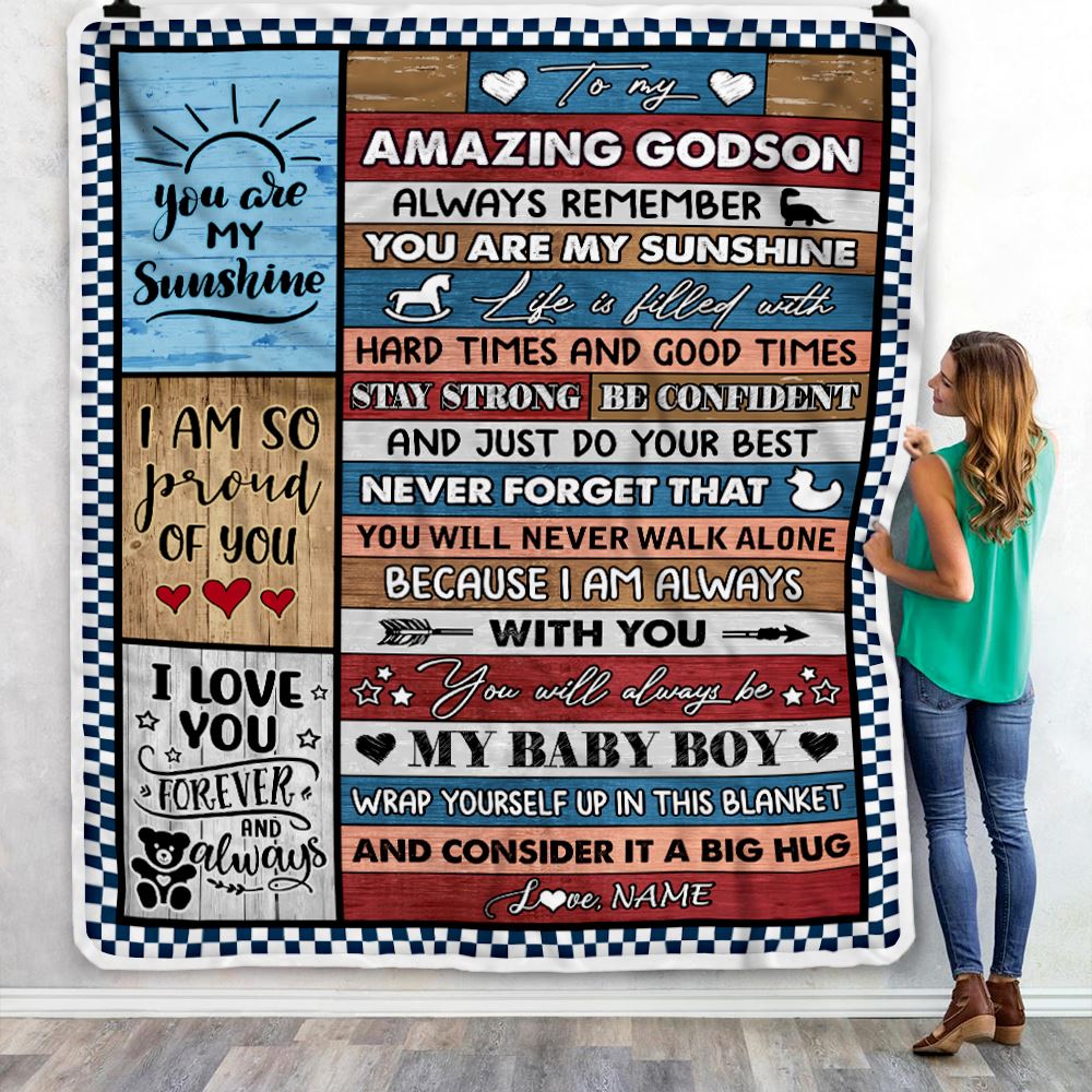 Personalized To My Amazing Godson Blanket From Godmother Godfather Wood It A Big Hug Godson Birthday Graduation Christmas Customized Bed Fleece Throw Blanket | teecentury