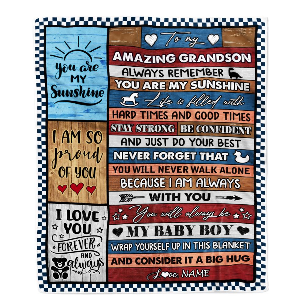 Personalized To My Amazing Grandson Blanket From Grandma Grandpa Wood It A Big Hug Grandson Birthday Graduation Christmas Customized Bed Fleece Throw Blanket | teecentury
