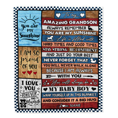Personalized To My Amazing Grandson Blanket From Grandma Grandpa Wood It A Big Hug Grandson Birthday Graduation Christmas Customized Bed Fleece Throw Blanket | teecentury