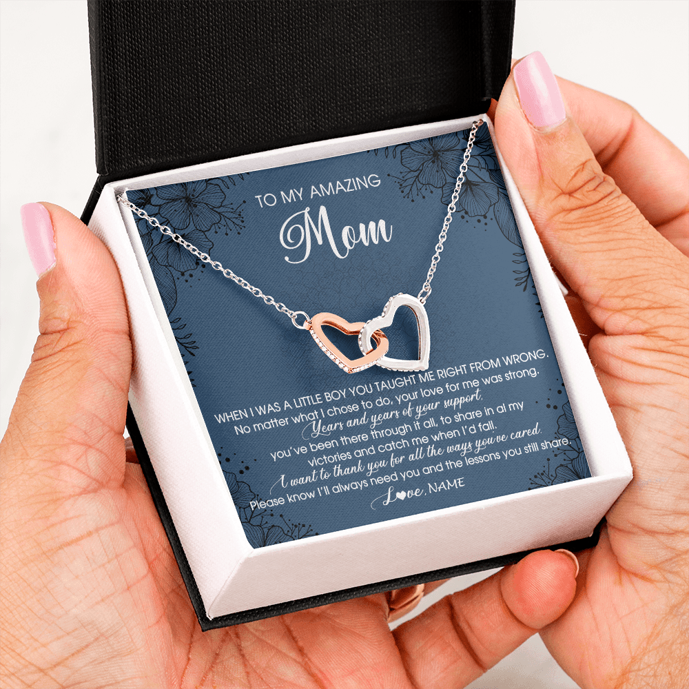 Interlocking Hearts Necklace | Personalized To My Amazing Mom Necklace From Son Little Boy You Taught Me Right Mom Birthday Mothers Day Christmas Pendant Jewelry Customized Box Message Card | teecentury