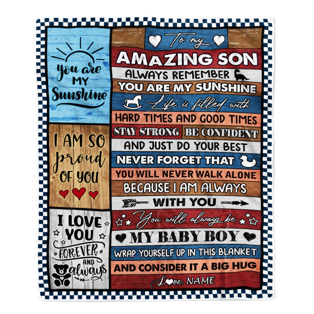 Personalized To My Amazing Son Blanket From Mom Dad Mother Wood It A Big Hug Son Birthday Graduation Christmas Customized Bed Fleece Throw Blanket | teecentury