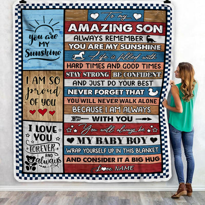 Personalized To My Amazing Son Blanket From Mom Dad Mother Wood It A Big Hug Son Birthday Graduation Christmas Customized Bed Fleece Throw Blanket | teecentury